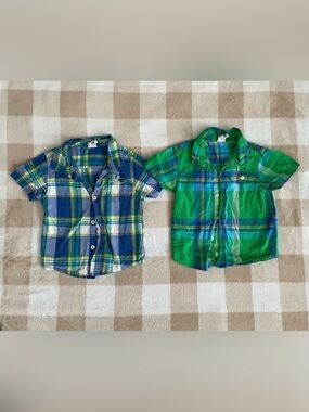 healthtex vintage Boys 3T Plaid Short-Sleeve Button Shirts - Blue & Green Set
